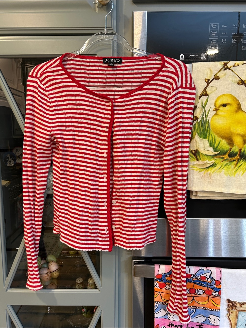 J. Crew Red and White Striped Button-Down Sweater